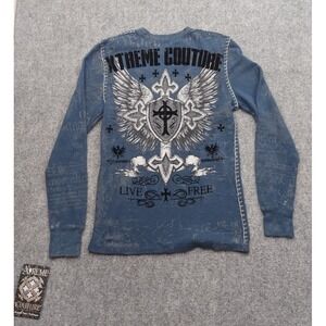 Xtreme Couture Shirt Medium Blue Cross Wings Gothic Graphic Thermal Long Sleeve